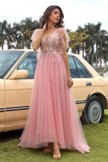 En Line V Hals Blush Long Prom Kjole med Appliques
